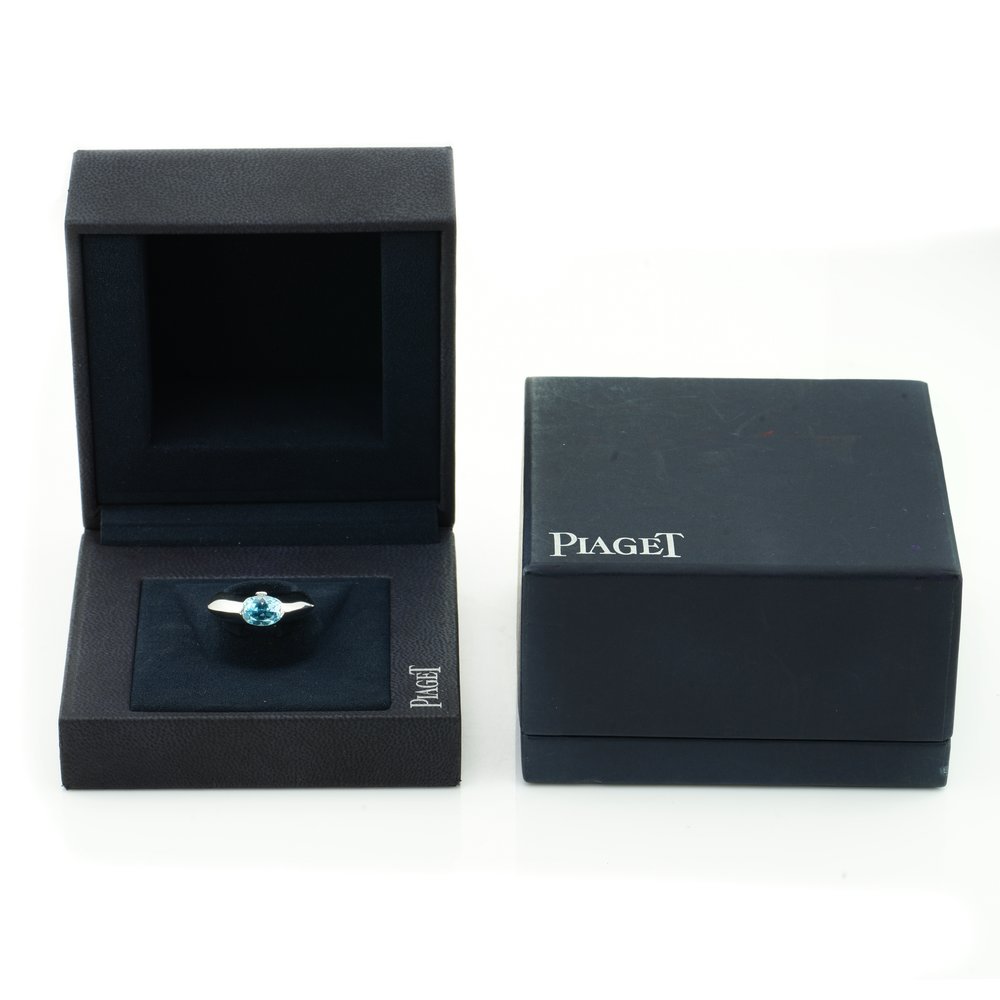 Vintage Piaget 1ct Oval Blue Topaz Ring in 18ct White Gold Ring with Diamond Accent, with original Piaget box