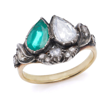 Georgian Antique 1ct Pear Cut Diamond and Emerald Two Stone Toi et Moi Ring