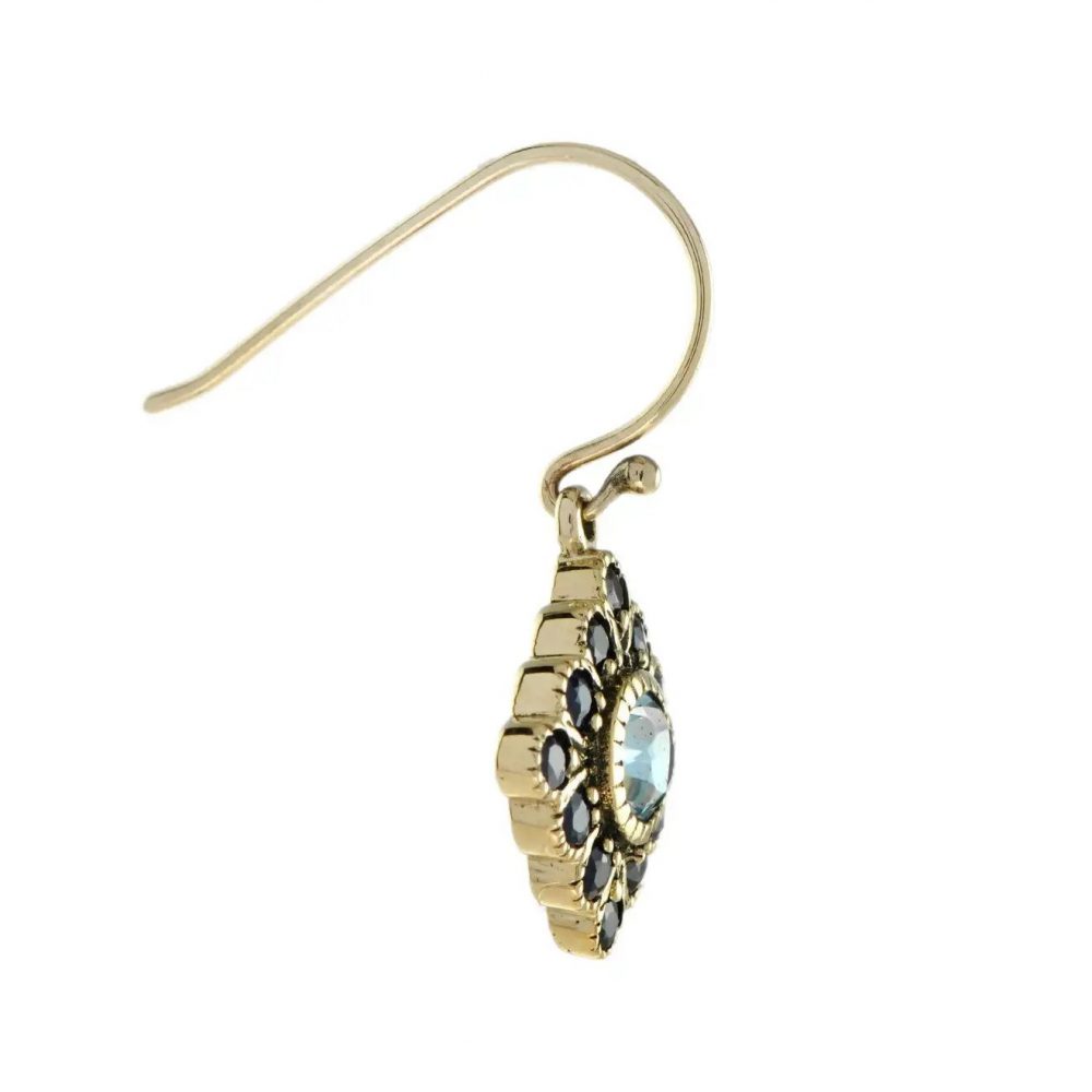 Blue Topaz and Sapphire Floral Cluster Drop Earrings