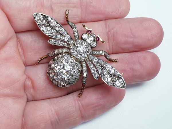 Antique Victorian Old Mine Cut Diamond Bee Brooch, 10.00 carat total, cabochon ruby eyes, in silver and 18ct gold, Circa 1870
