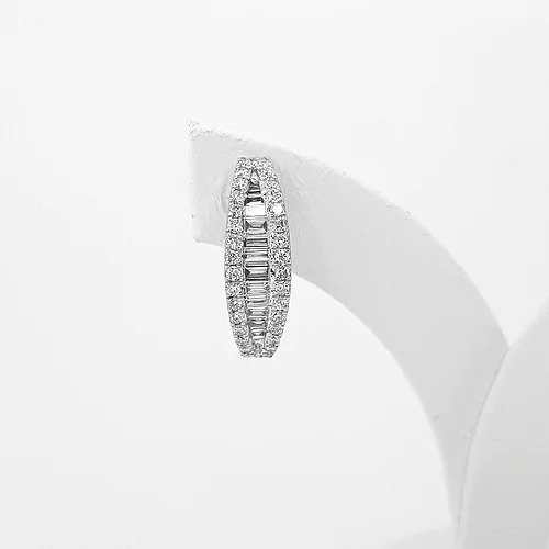 Baguette Cut Diamond Hoop Earrings; channel-set with baguette-cut diamonds with brilliant-cut diamond surround, 1.20 carat total, in 18ct white gold