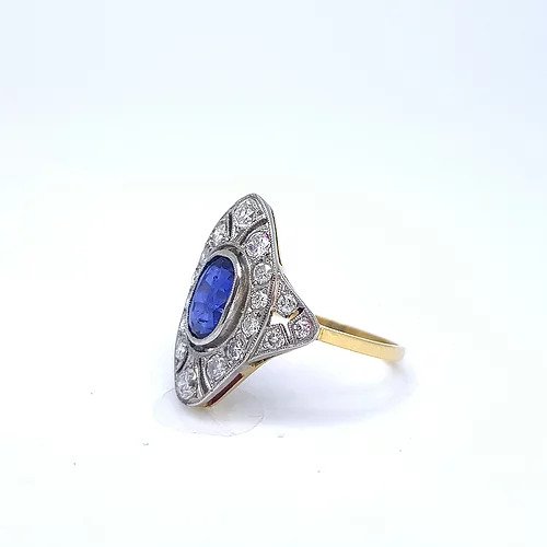 Art Deco Style Sapphire and Diamond Plaque Cluster Ring; 2.00ct oval sapphire surrounded by 1.60cts diamonds, 18ct yellow gold