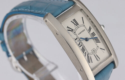 Cartier Tank Americaine Midsize 18ct White Gold 1726 Automatic, white guilloche dial, Roman numerals, blue steel hands, date indicator, sapphire crown, sapphire crystal, On a Cartier light blue strap with 18ct white gold buckle.