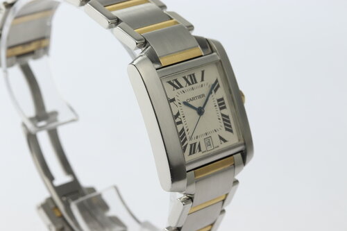 Cartier Tank Francaise 28mm Steel and Gold 2302 Automatic Wrist Watch, off-white guilloche dial, Roman numerals, date indicator, sapphire cabochon crown, sapphire crystal, Steel and gold bracelet with double-fold hidden clasp