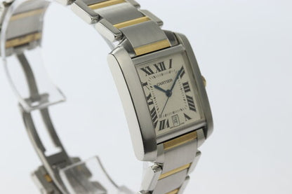 Cartier Tank Francaise 28mm Steel and Gold 2302 Automatic Wrist Watch, off-white guilloche dial, Roman numerals, date indicator, sapphire cabochon crown, sapphire crystal, Steel and gold bracelet with double-fold hidden clasp
