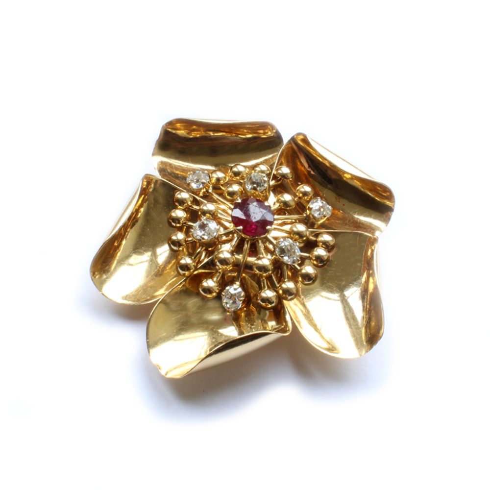 Vintage Ruby & Diamond Flower Brooch