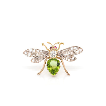 Victorian Gold And Silver Diamond, Peridot, And Ruby Insect Brooch