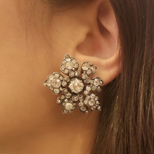 Antique Victorian Diamond Flower Earrings, set with approximately 9 carats of old-cut diamonds, mounted in silver-upon-gold, Circa 1880