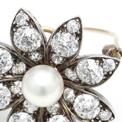 Antique Victorian Freshwater Pearl and Old Cut Diamond Flower Brooch Pendant, 3.28 carat total