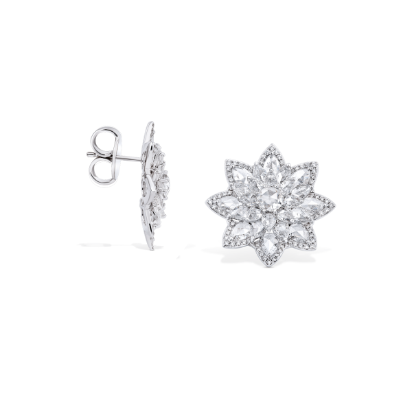 Rose Cut Diamond Daisy Flower Cluster Stud Earrings, 5.41 carats