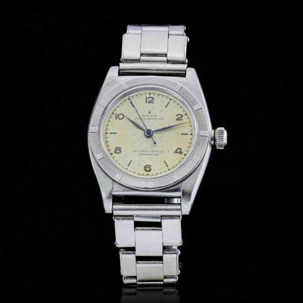 Rare Vintage Rolex Oyster Perpetual Bubbleback 3372 Automatic Chronometer, mvt 96595, case 114827, silvered dial with batons and Arabic numerals, on steel bracelet strap, Circa 1938