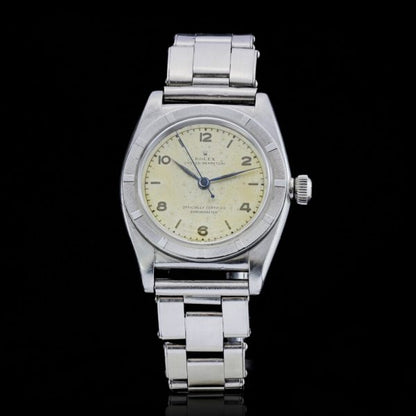 Rare Vintage Rolex Oyster Perpetual Bubbleback 3372 Automatic Chronometer, mvt 96595, case 114827, silvered dial with batons and Arabic numerals, on steel bracelet strap, Circa 1938