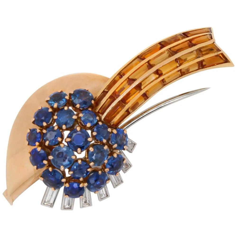 Vintage Retro 1940s Sapphire Citrine and Diamond Comet Spray Brooch by Sasportas