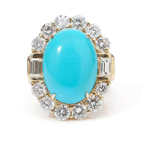 Vintage French Turquoise and Diamond Cocktail Dress Ring