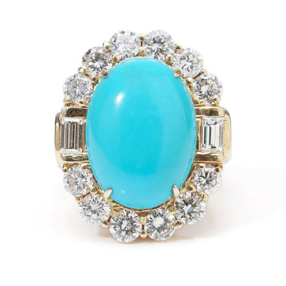 Vintage French Turquoise and Diamond Cocktail Dress Ring