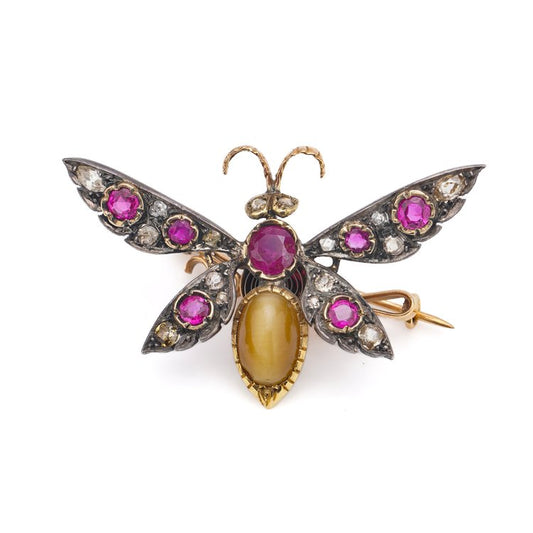 Antique Victorian Multi Gemstone En Tremblant Butterfly Brooch; with cabochon chatoyant cat's eye chrysoberyl, 1.28cts diamonds, 2.50ct natural Burmese ruby and natural pink sapphires