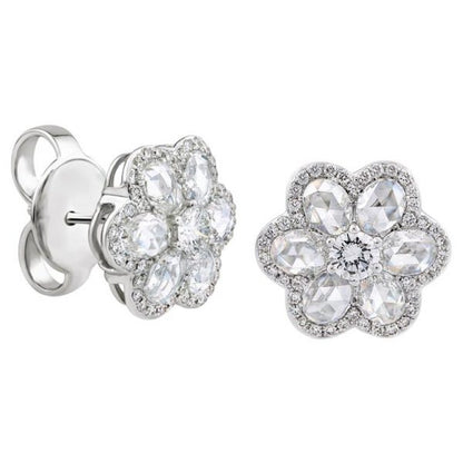 Rose Cut Diamond Floral Cluster Stud Earrings, 2.97cts, 18ct White Gold