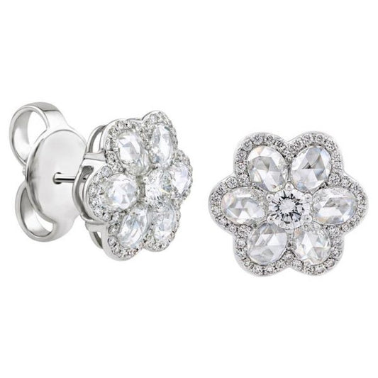 Rose Cut Diamond Floral Cluster Stud Earrings, 2.97cts, 18ct White Gold