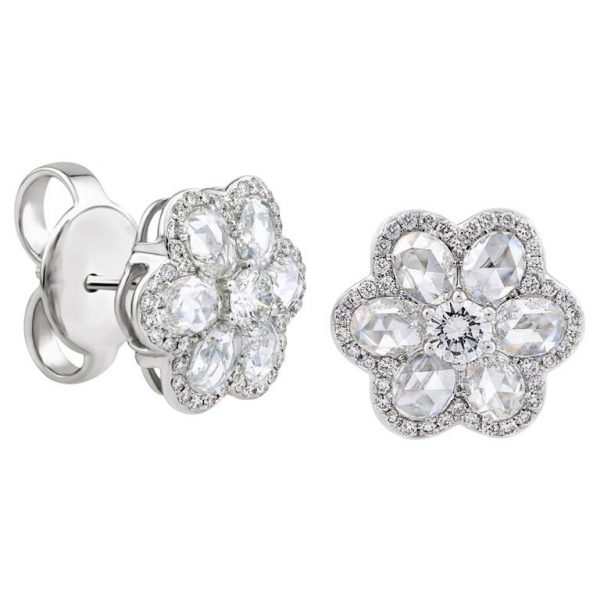 Rose Cut Diamond Floral Cluster Stud Earrings, 2.97cts, 18ct White Gold