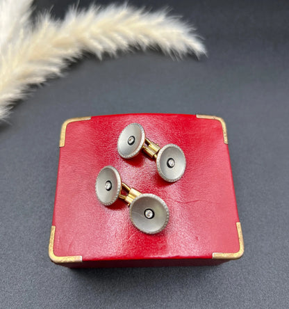 Antique 18 Carat Yellow Gold And Platinum Art Deco Diamond Set Round Cufflinks