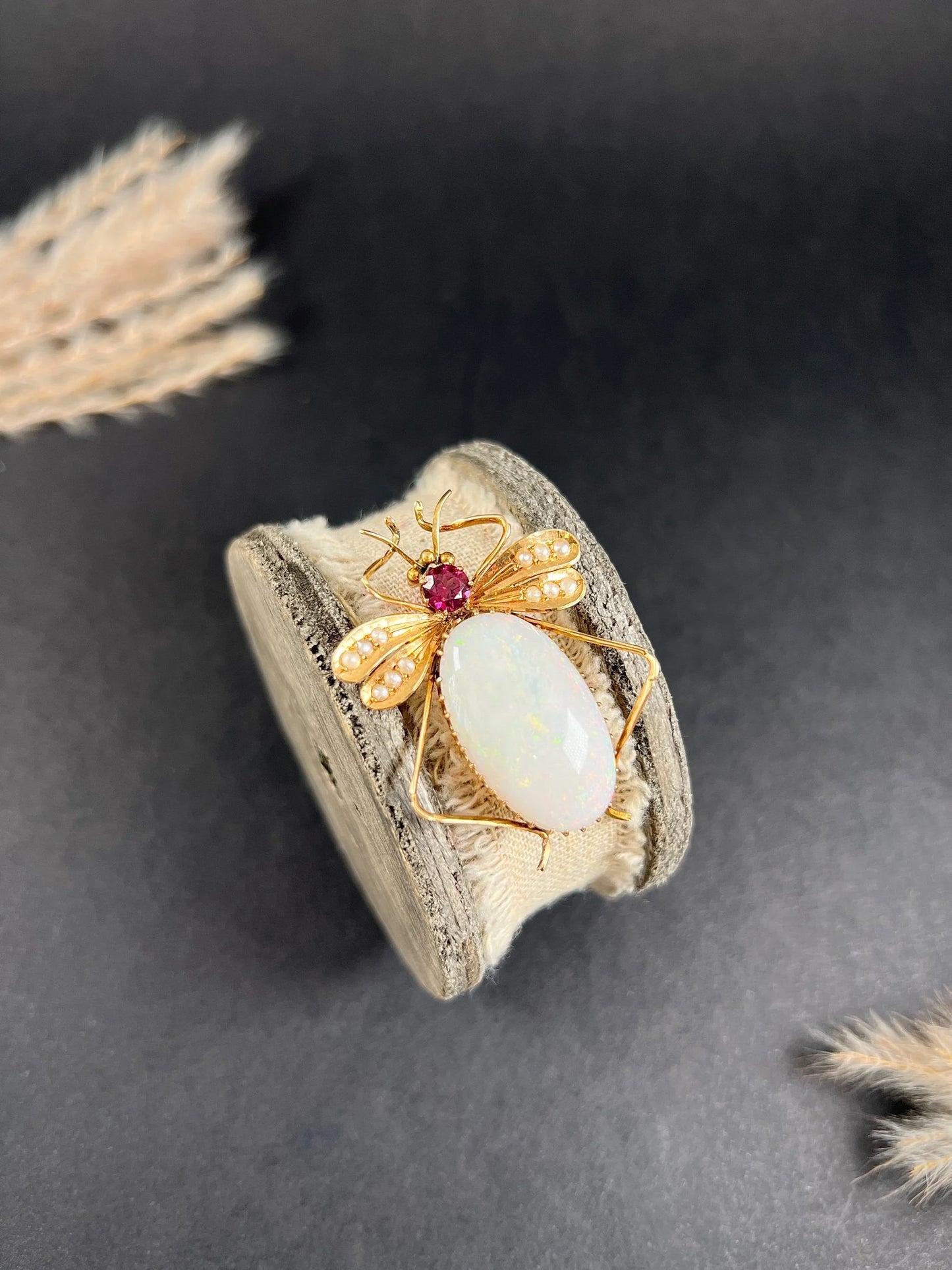 Antique 15 Carat Gold Edwardian Almandine Garnet, Opal And Pearl Insect Brooch