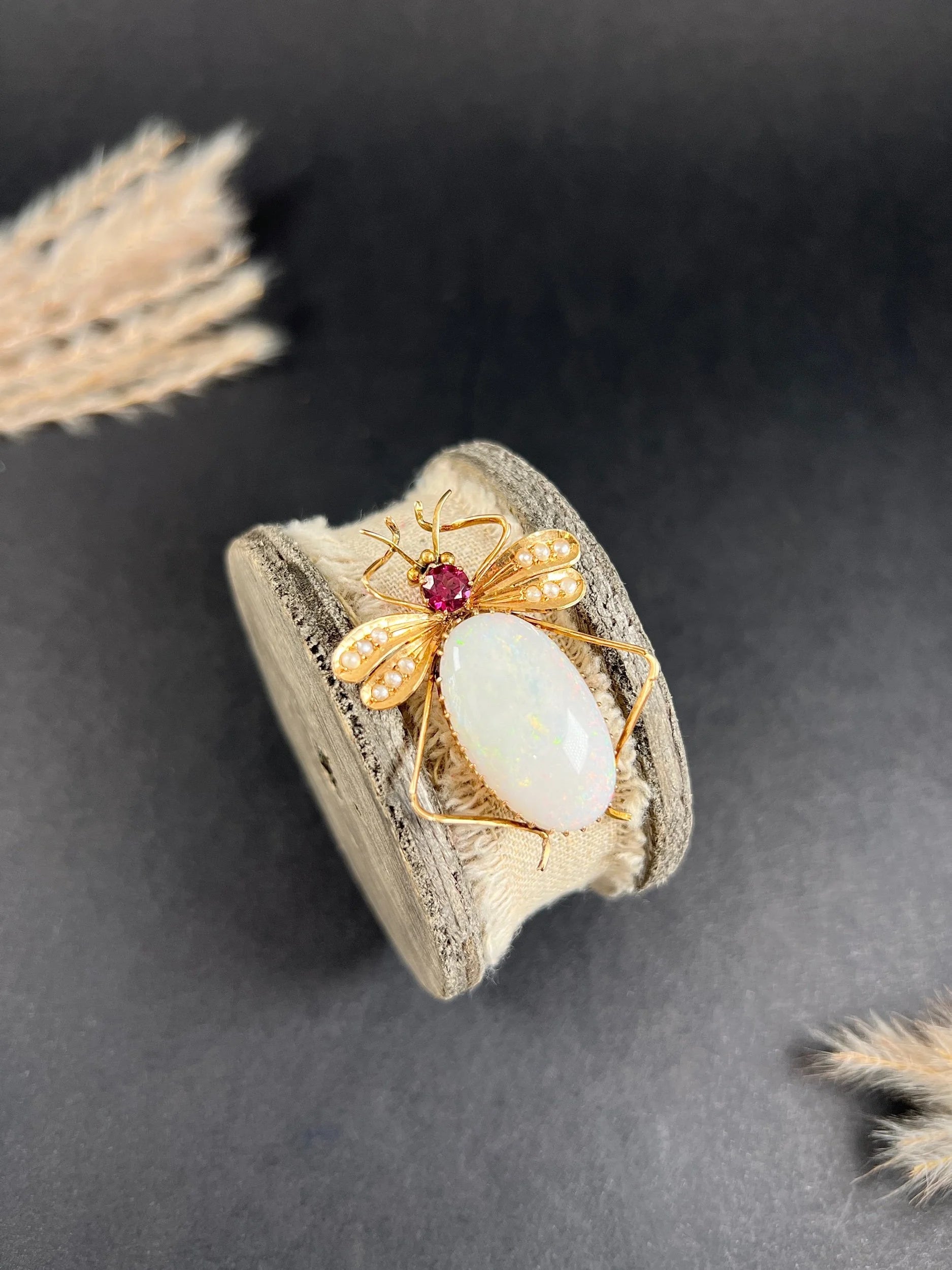 Antique 15 Carat Gold Edwardian Almandine Garnet, Opal And Pearl Insect Brooch