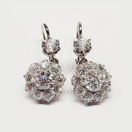 Vintage 3ct Old Cut Diamond Cluster Drop Earrings