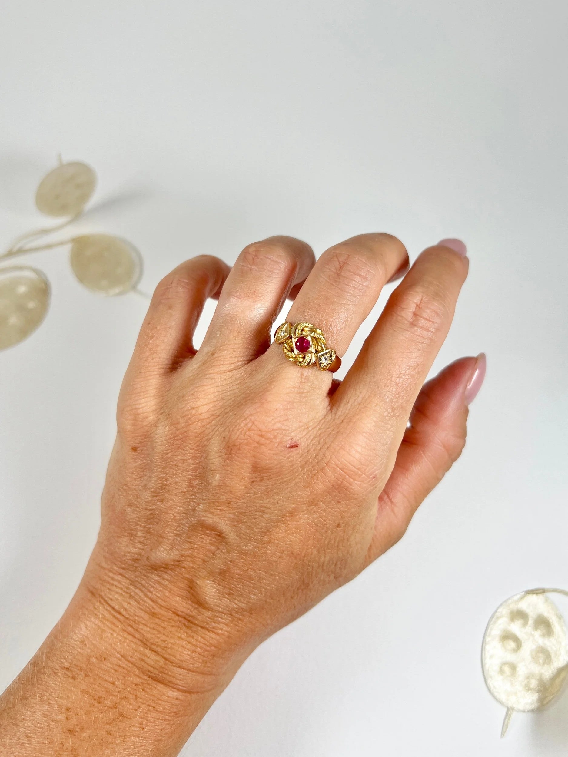 Antique 18 Carat Gold Ruby and Diamond Fancy Knot Ring, Hallmarked Birmingham 1916
