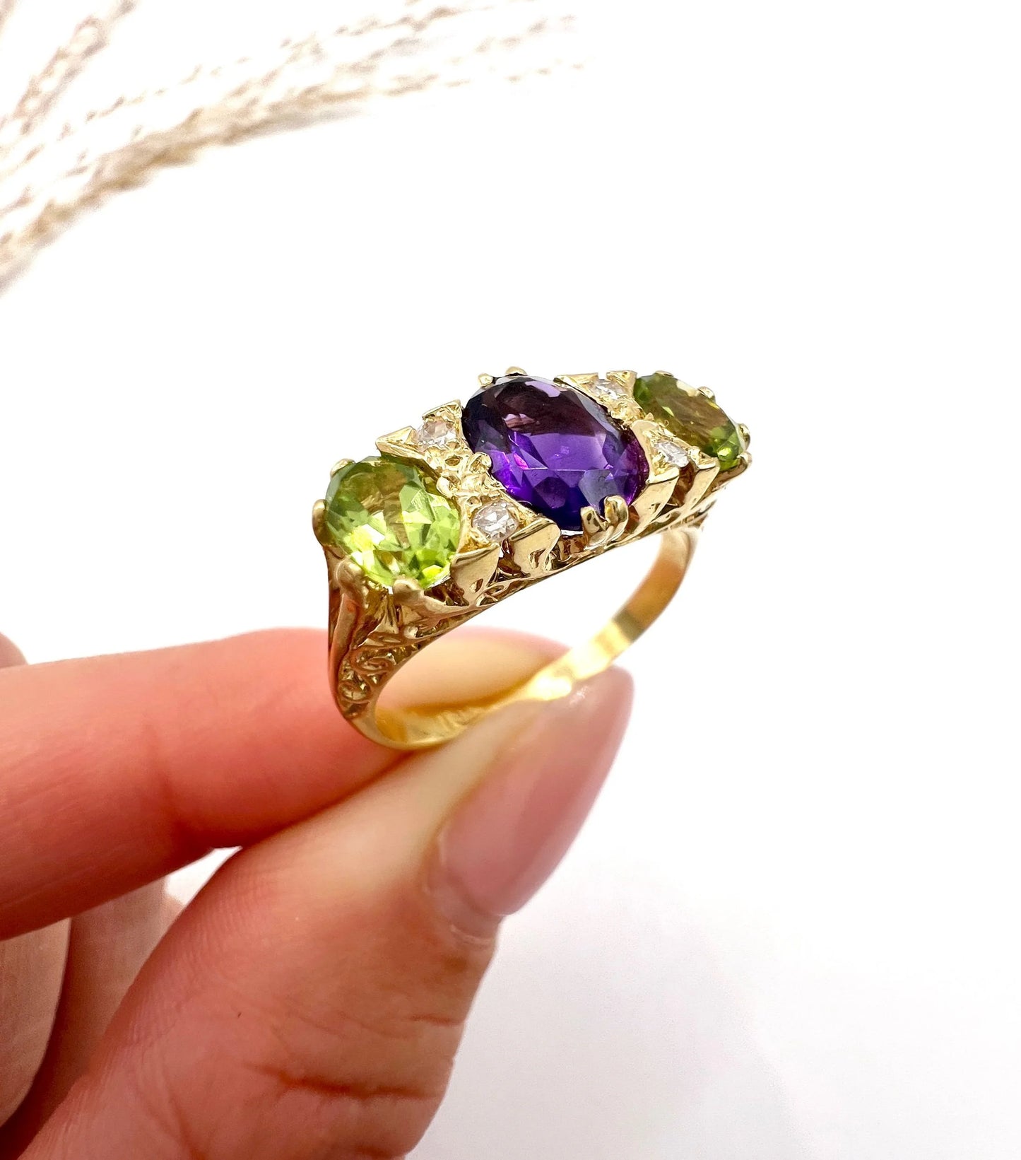 Antique 18 Carat Yellow Gold Edwardian Amethyst, Diamond and Peridot Suffragette Ring