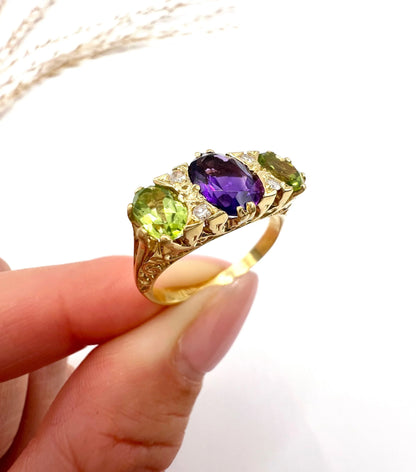 Antique 18 Carat Yellow Gold Edwardian Amethyst, Diamond and Peridot Suffragette Ring