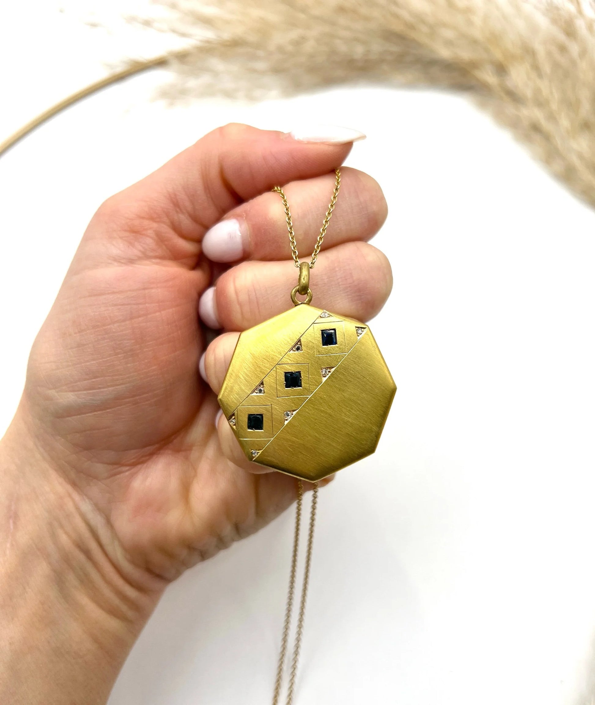 Vintage 15 Carat Yellow Gold Octagonal Shaped Sapphire and Diamond Locket, Circa 1930