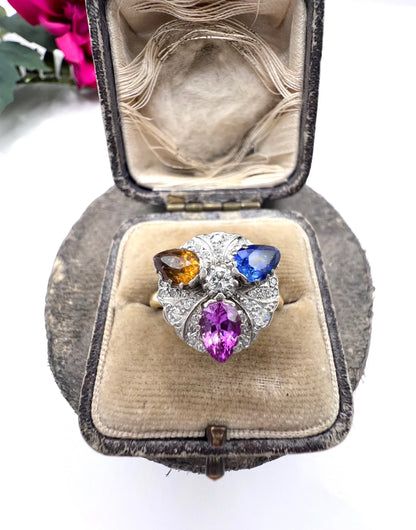 Vintage 18ct Gold, 1980s Natural Sapphire, Pink Sapphire & Citrine Cocktail Ring