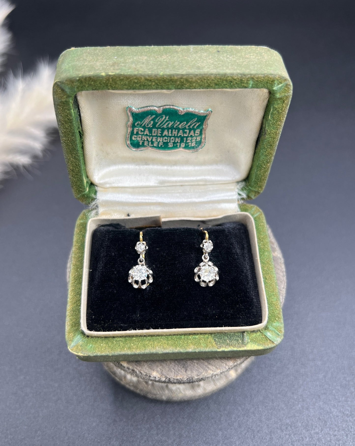 Antique 18ct Gold & Platinum Old Cut Diamond Drop Dangle Earrings