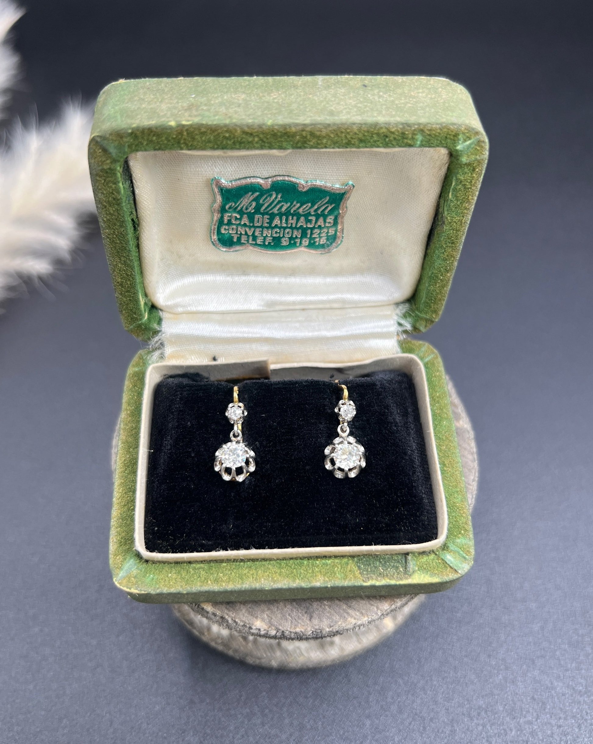 Antique 18ct Gold & Platinum Old Cut Diamond Drop Dangle Earrings