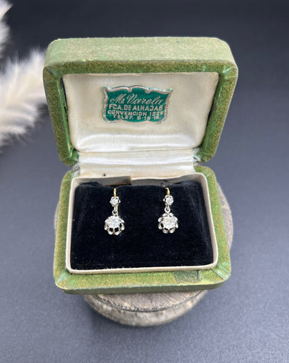 Antique 18ct Gold & Platinum Old Cut Diamond Drop Dangle Earrings