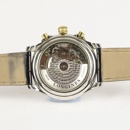 Longines Automatic Chronograph Special Series 42mm Stainless Steel Watch; black dial with day and date indicators (quick-set), chronograph sub-dials, rotating bezel, with luminous Roman numerals and hands, exhibition back, on black leather strap