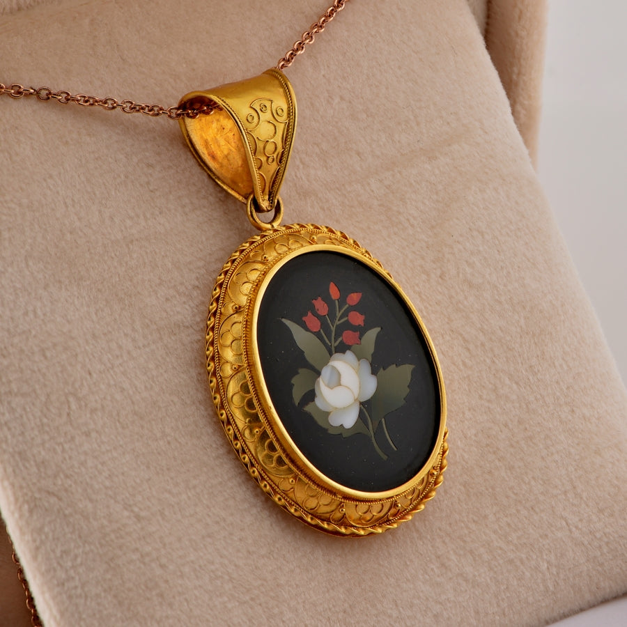 Victorian Antique Etruscan Revival Pietra Dura Flower Mosaic Pendant and Earring Suite
