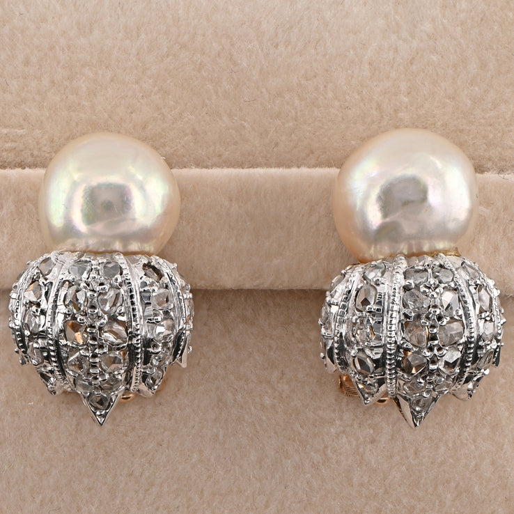 Vintage Buccellati Natural Pearl and Rose Cut Diamond Clip Earrings