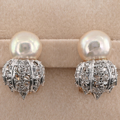 Vintage Buccellati Natural Pearl and Rose Cut Diamond Clip Earrings