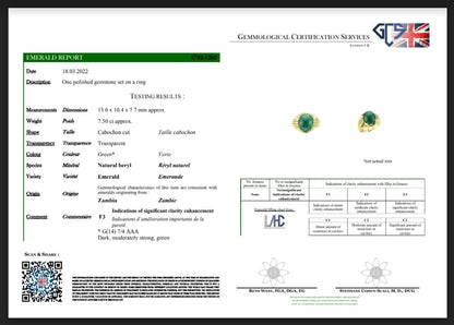 Certified 7.50ct Domed Cabochon Zambian Emerald Ring