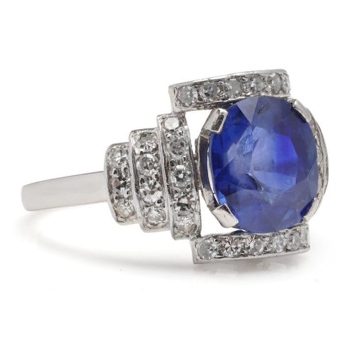 Vintage 2.90ct Natural Ceylon Sapphire and Diamond Cluster Ring in Platinum, Circa 1940s