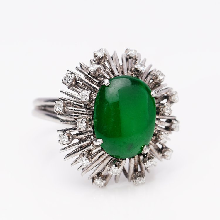 Vintage Certified 3.60ct Natural Jadeite Jade and Diamond Starburst Cluster Ring in 14ct White Gold, Circa 1950s