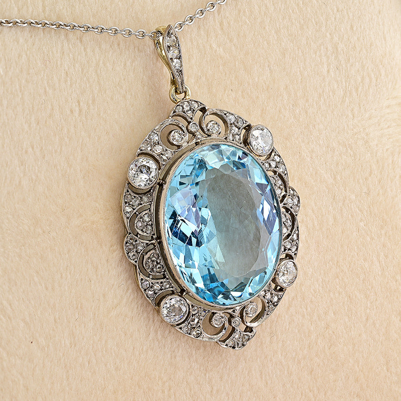 Edwardian Belle Epoque Antique Natural UnHeated 20.30ct Oval Aquamarine and Diamond Cluster Pendant