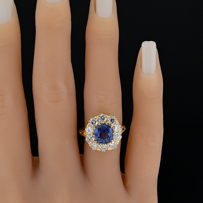 Victorian Antique 3.60ct Natural No Heat Burma Sapphire and Old Cut Diamond Cluster Engagement Ring