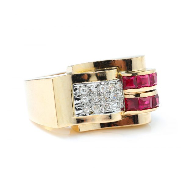 Antique French Ruby and Diamond Asymmetrical Dress Ring; set with 0.90cts princess-cut rubies and 0.45cts rose-cut diamonds over a fluid asymmetrical design, 19th century Circa 1890s