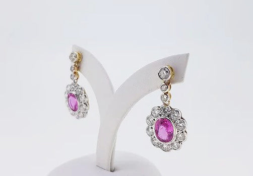 Pink Sapphire and Diamond Oval Cluster Drop Earrings in 18ct Gold