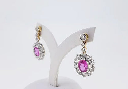 Pink Sapphire and Diamond Oval Cluster Drop Earrings in 18ct Gold