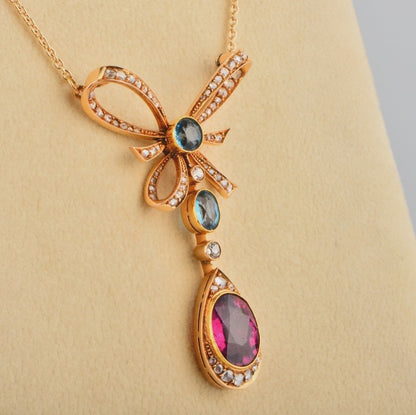 Edwardian Antique 4ct Red and Blue Tourmaline Diamond Bow Lavaliere Necklace