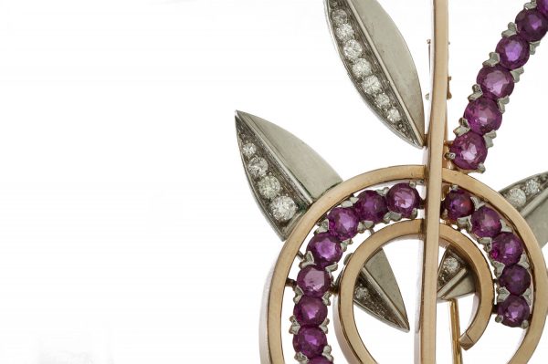 Tiffany and Co Vintage Ruby and Diamond Retro Floral Brooch. Circa 1940s