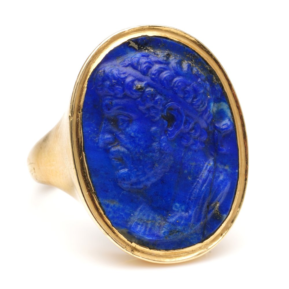 Antique Ancient Roman Emperor Lapis Lazuli and Gold Signet Ring; Second Century AD Roman Empire carved lapis lazuli depicting the iconic Hadrian Roman Emperor with later 18ct yellow gold shank
